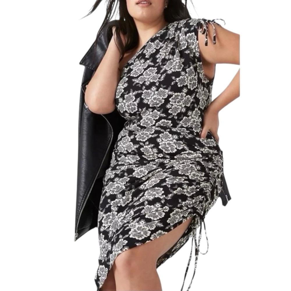 LANE BRYANT Bodycon Dress Plus sz 26/28 One Shoulder Black Ivory Floral Knit NWT